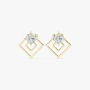 Boucles d'oreilles clous géométriques en or jaune 14 carats avec diamant de laboratoire taille princesse – Plus de options de titres - Product Image 1