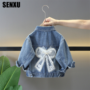 Veste en jean unie décontractée avec nœud papillon pour <span class=keywords><strong>fille</strong></span>, coton écologique d'automne - Product Image 1