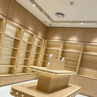 Composants de présentation sur mesure pour magasins : Comptoir îlot à niveaux avec garniture lumineuse, Service de conception 2D/3D pour l'ensemble de la boutique