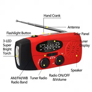 Novo design de rádio de mão com manivela de emergência solar, rádio portátil Am Fm com lanterna e carregamento de telefone de 2000mAh