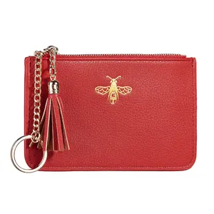 Free Sample Customized Leather zipper Card Holder Wallet Keychain Coin Purse With Tassels For Gifts