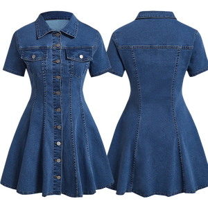 218735 Abiti Estivi in Denim Personalizzati per Donne, Classico <span class=keywords><strong>Vestito</strong></span> Corto in <span class=keywords><strong>Jeans</strong></span> con Bottoni, Maniche Corte e Colletto Rovesciato - Product Image 2