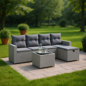 Conjunto de Sofá de Jardín de Poliratán Gris con Almacenamiento, Muebles de Exterior de Diseño Contemporáneo - Product Image 2