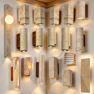 Lámpara de <span class=keywords><strong>Pared</strong></span> de Travertino Natural Impermeable para Exteriores, Estilo Wabi Sabi, Lámpara de <span class=keywords><strong>Pared</strong></span> Cilíndrica de Travertino Amarillo para Interiores - Product Image 1
