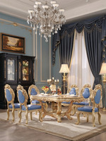 Ensemble de table et de chaises à manger en bois massif sculpté de style européen, couleur champagne doré, rectangulaire, mobilier haut de gamme pour la maison, modèle OSCT9966