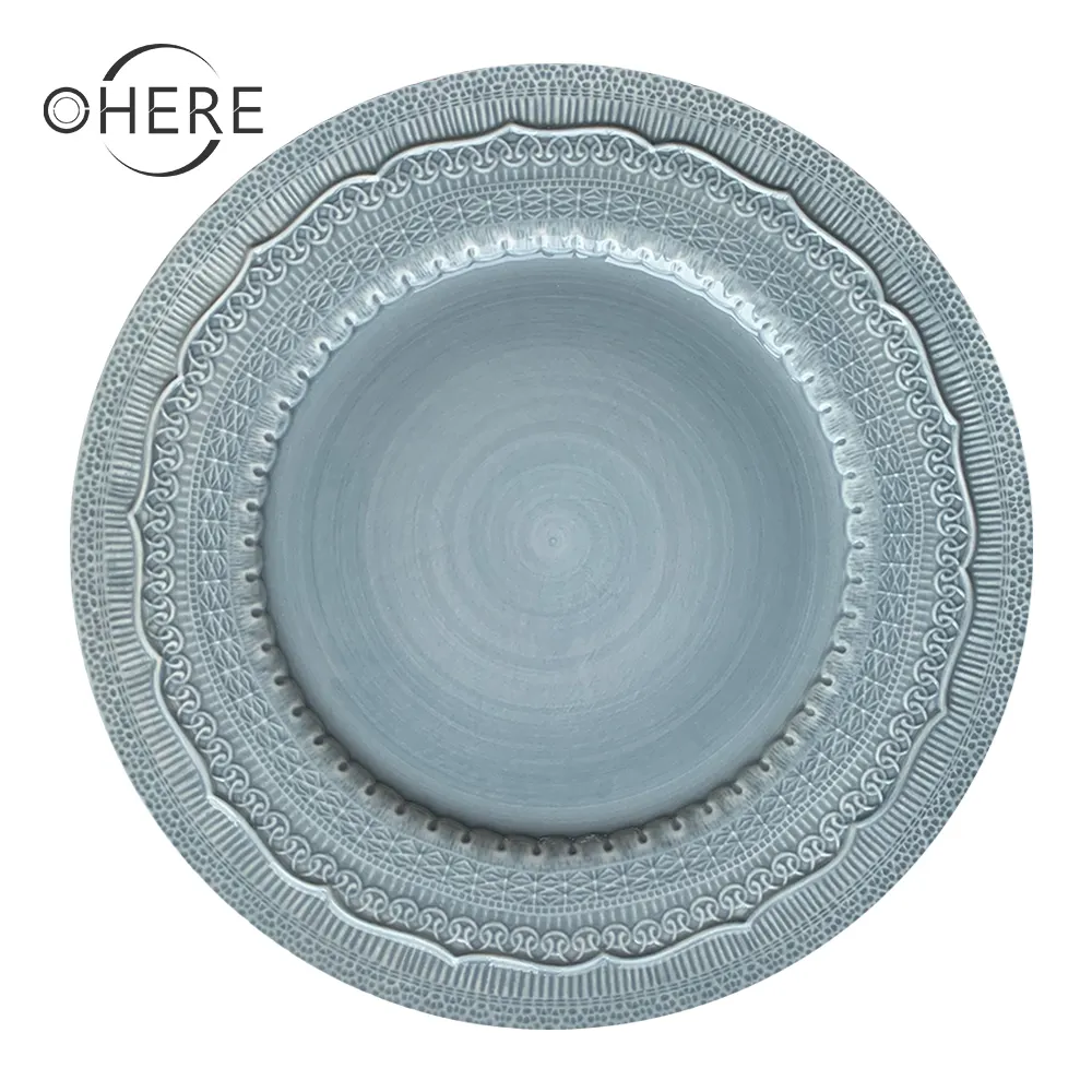 Ohere vintage 13-inch charger plate porcelain embossed lace charger plate 33cm under-plate ivory/pink/blue wedding charger