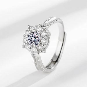 <b>Adjustable</b> Band Micro-Paved <b>Silver</b>-Plated Zircon <b>Ring</b> Open Female Wedding Simulated Moissanite Diamond <b>Ring</b> - Product Image 1