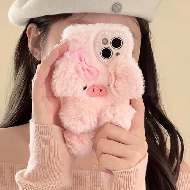 Cartoon Pig Pink Fluffy Fuzzy Plush 3D Fur Case for iPhone 13 12 14 Pro Max 13p I11 Love Heart Lens Winter Warm Cute Soft Cover
