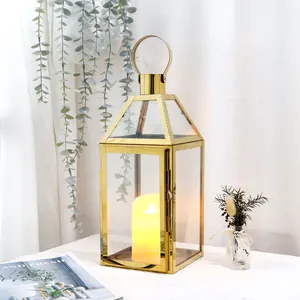 Square Glass Gold Metal Candle Lantern Stainless Steel Frame Wedding Wind Lantern Outdoor Decorative Candle Holder Lantern