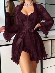 Chemise de nuit sexy en dentelle, mini-lingerie noire en maille transparente pour femme, cadeau de nuit de noces en dentelle florale - Product Image 6