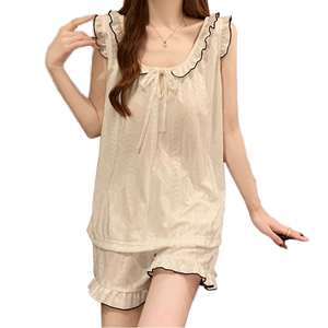 Pantaloncini Sexy all'americana pigiama da donna estivi Set in due pezzi grazioso pizzo a vento puro Color albicocca con cuscino per la casa - Product Image 1