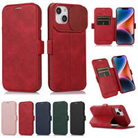 Étui en cuir à rabat avec protection coulissante pour appareil photo pour iPhone 15 14 13 12 11 Pro Max 14 Plus X XS Max XR, avec fente pour cartes et support, coque arrière