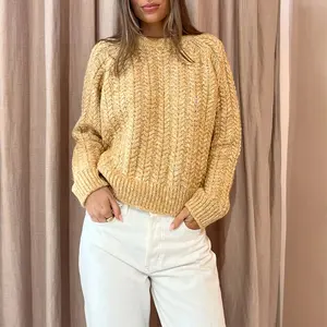 니트웨어 제조업체 사용자 정의 가을 겨울 황금 라운드 넥 긴 소매 여성용 케이블 니트 풀오버 스웨터