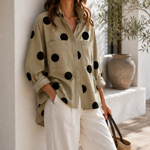 Camicia da Donna Personalizzata OEM ODM con Stampa a Pois, Blusa Oversize a Maniche Lunghe, Elegante e Casual con Bottoni - Product Image 5