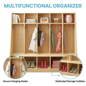 Armoire de rangement en <span class=keywords><strong>bois</strong></span> Montessori pour vêtements d'enfants, casier de garderie, organisateur de compartiments pour salle de classe préscolaire, écologique pour tout-petits - Product Image 2