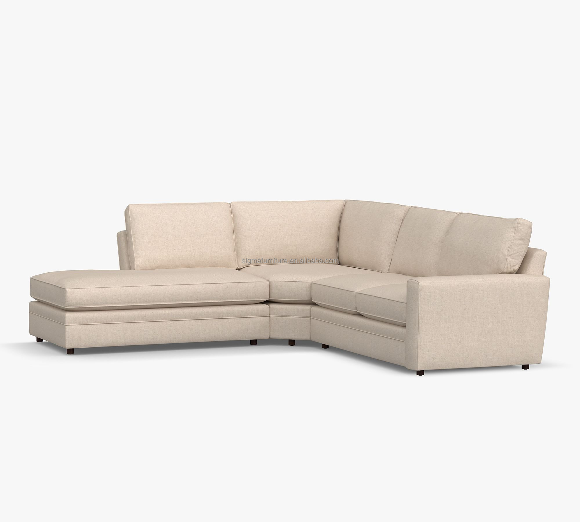 Luxury living room square arm upholstered 3-piece bumper sectional sofa set