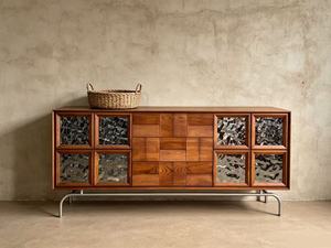 Midcentury Modern Solid Wood <b>Sideboard</b> Cabinet with Textured Glass Panels and Metal Base for Living Room <b>Storage</b> - Product Image 6