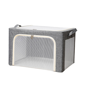 Metal Frame Storage Box, Foldable Clear Window Storage Bins, Stackable Storage Containers for Clothes with Handles