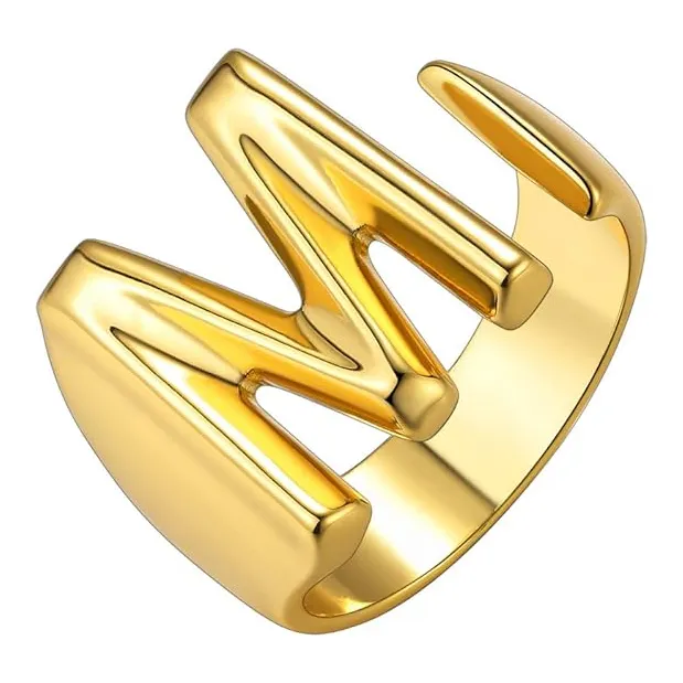 Anillo de letras con alfabeto grueso de diseñador sin deslustre, anillo minimalista de acero inoxidable con inicial de oro de 18 quilates para mujer