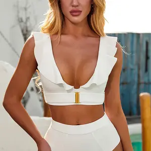 2022 New Fashion Hot Girls Ruffle V Neck Top & Panty Swimsuit Bathing Suit 2 Piece Nylon White Swimwear Swimsuits