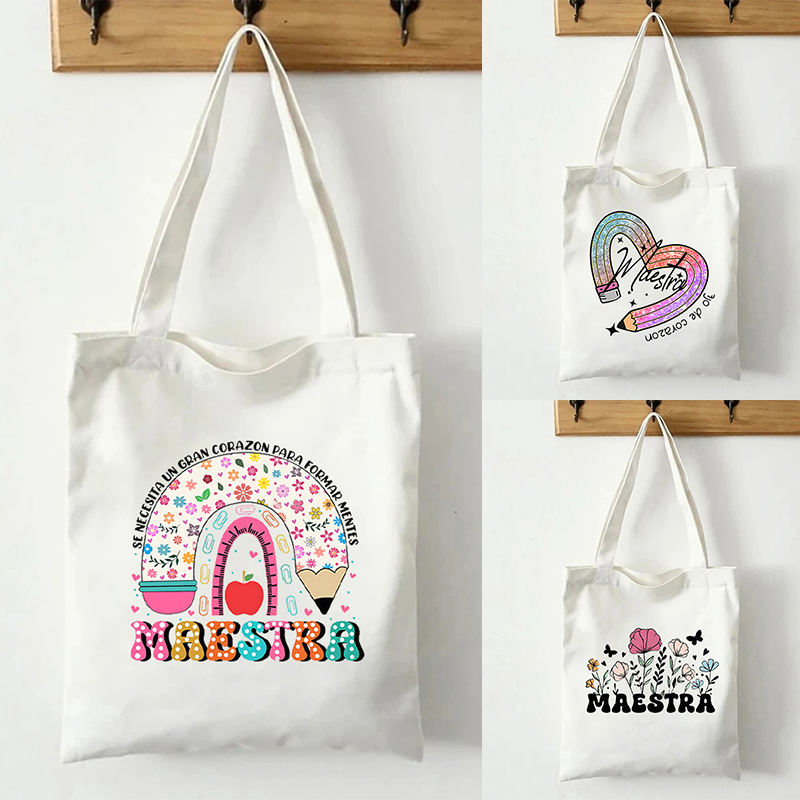 Maestra Spanish Teacher Canvas Tote Bag Set Colorful Rainbow Floral ...