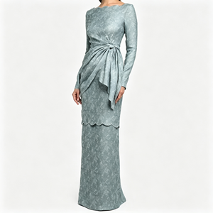Baju Kurung Moderne Bleu Poussière, Robe Musulmane à Manches Longues et Col Plissé, Tenue de Cérémonie Élégante pour Dîner de Gala - Product Image 1