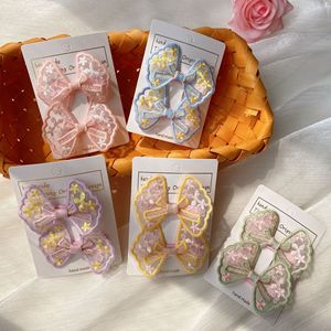 Children's lace embroidered <b>bow</b> hair <b>clip</b>, Korean style, candy-colored duckbill <b>clip</b>, fabric side bangs <b>clip</b>. - Product Image 2