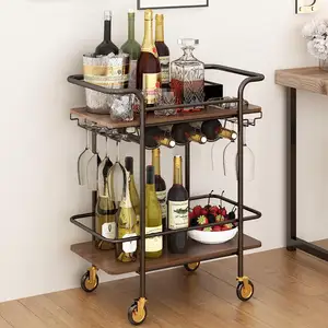 2 Tier Bar Cart with Wheels, Serving Cart Outdoor Bar Cart with Wine Rack and Glass Holder,Kitchen Serving Cart