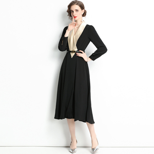 Robe <span class=keywords><strong>noire</strong></span> vintage Hepburn élégante à grande jupe évasée, col en V, manches longues, <span class=keywords><strong>ceinture</strong></span> à la taille, longueur midi, imprimé numérique tissé, lavable, boutonnée - Product Image 3