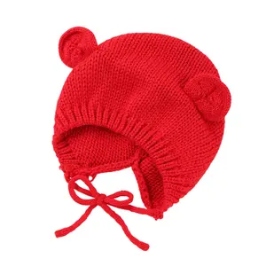 Topi rajut bayi pola beruang lucu uniseks, topi beanie rajut untuk musim dingin