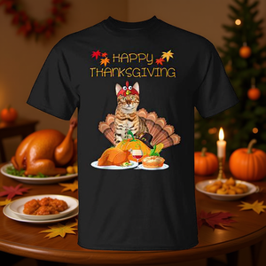 T-shirt Happy Thanksgiving Bengal Cat Turkey pour hommes et femmes, taille unisexe S à XXL - Product Image 3