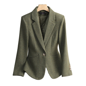 Women's Wool Blazer Green Quilted Suit Slim Fit Thickened Autumn Winter Jacket - Product Image 5