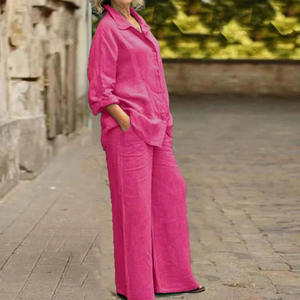 FTS <b>Linen</b> Blend Casual Everyday Button-Up Shirt & Wide Leg Pants <b>Two</b>-<b>Piece</b> Set with DDP Shipping & 1688 Buying Service - Product Image 5