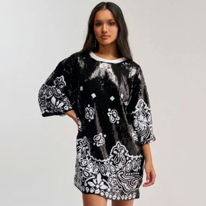 Chemise florale brodée à sequins surdimensionnée à manches trois quarts pour homme, en polyester tissé, sans col, idéale pour l'été - Product Image 1