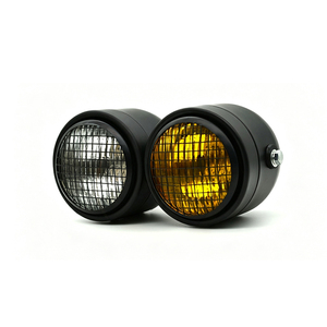 Faro delantero doble de malla redonda para motocicleta Harley Retro, carcasa negra, lente amarilla transparente con cubierta de rejilla - Product Image 1