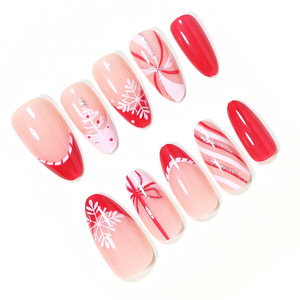30 faux ongles en amande pour Noël, motifs flocon de neige, sapin de Noël, rayures rouges scintillantes, style français, réutilisables, pour fêtes - Product Image 4