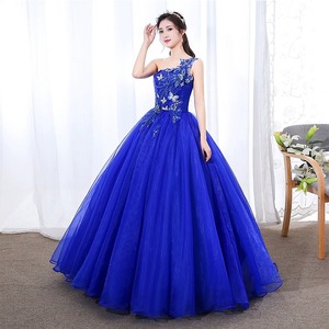 One Shoulder Blue Evening Gown Ball Gown Empire Waistline Wedding Dress For Women - Product Image 4