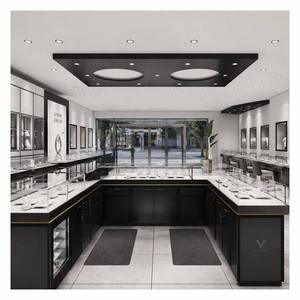 Agencement Intérieur Complet de Bijouterie Moderne Noir et Or : Comptoir Central en Verre Personnalisé et Vitrine Murale pour Présentation de Bijoux - Product Image 3