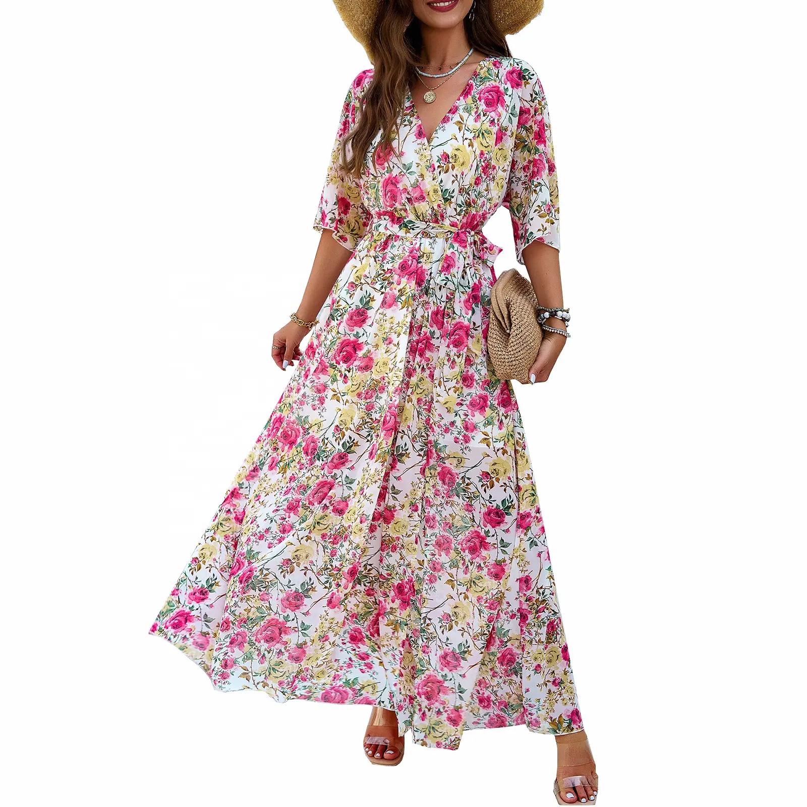 Robe tissée fleur imprimé Maxi robe personnalisable été haute robe fendue pour les femmes de jour