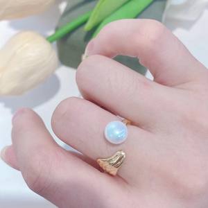Handmade Gold Material <b>Ring</b> Natural Freshwater Pearl with Feather <b>Opening</b> Star Style Color Preserved Personalized <b>Ring</b> - Product Image 4