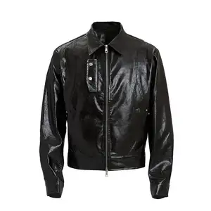 Men'S Leather Jacket With Shiny Crackle Curved Split Short Design Easy To Clean Pu Windproof Men'S Leather Jacket