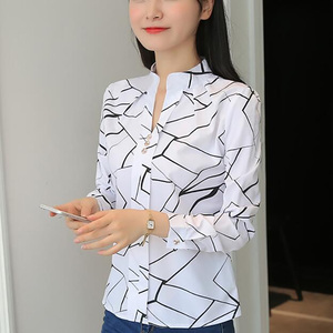 Blus Wanita Putih Motif Garis Modis Kasual Lengan Panjang untuk Kantor, Kemeja Wanita Ramping dengan Kerah Tegak - Product Image 4