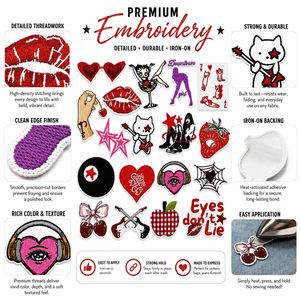 Lot de patchs brodés Y2K Indie à thermocoller ou à coudre, motifs mignons Cœur, Étoile, Lèvres, Cerise, Chat, Guitare, Fraise - Product Image 3
