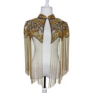COTTON COUTURE Golden Polyester Beaded Shoulder <b>Cape</b> with Tassel Fringe Embellishment for Elegant Party Wear <b>Wedding</b> - Product Image 1