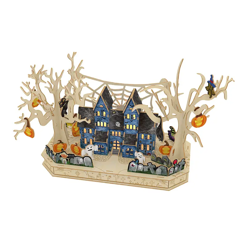 Mainan rakitan kayu model baru, mainan permainan Kastil halloween, rumah hantu penyihir dengan lampu, mainan pendidikan puzzle 3d untuk anak-anak