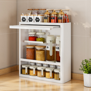 Porte coulissante cuisine moderne Armoire à épices comptoir 4 niveaux bocaux d'assaisonnement organisateur boîtes support stockage bouteilles étagère - Product Image 4