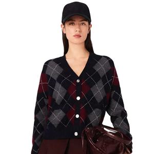 Cárdigan de Punto para Mujer, Transpirable, Delgado, Nuevo Modelo de Otoño, a Cuadros, Corto, Ajustado, Sexy, con Cuello en V, Elástico, Versátil, con un Solo Botón - Product Image 1