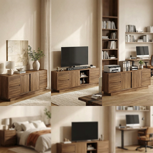 <strong>Walnut</strong> 70'' Wide <strong>TV</strong> <strong>Stand</strong> for <strong>TVs</strong> up to 75'' Wood Entertainment Center with Sliding Doors and Drawers Console Storage Cabinet - Product Image 2