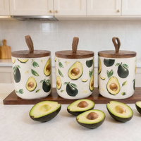 Ustensiles de cuisine : Plateau en bambou, pot à condiments en céramique, pot à épices avec couvercle en bambou thème avocat