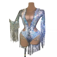 Combinaison de soirée scintillante en strass argentés, sequins et franges, extensible, pour danse, club, DJ, chanteur, justaucorps, tenue de scène